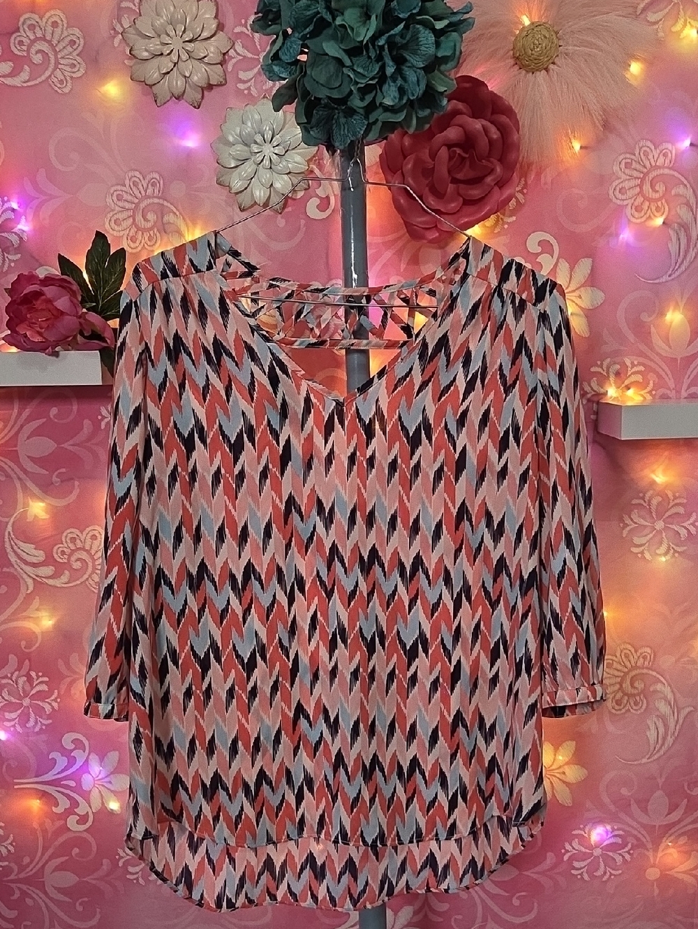 by & by Coral, Black and Cream Geometric V-Neck Blouse with Crisscross Back